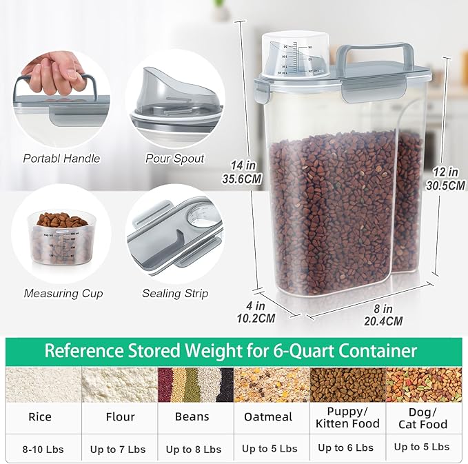 TBMax Rice Container 10 Lbs, Cereal Container Oatmeal Storage, Airtight Food Dispenser with Pouring Spout & Cup for Flour Grain Beans, Pet Dog Cat Food Storage Container-Translucent Grey
