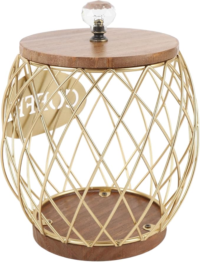 EVGATSAUTO Large Capacity Coffee Capsule Organizer Iron Pod Holder with Wood Base K Cup Storage Coffee Pods Basket with Lid for Kitchen Cafe Bar Coffee Bar Accessories