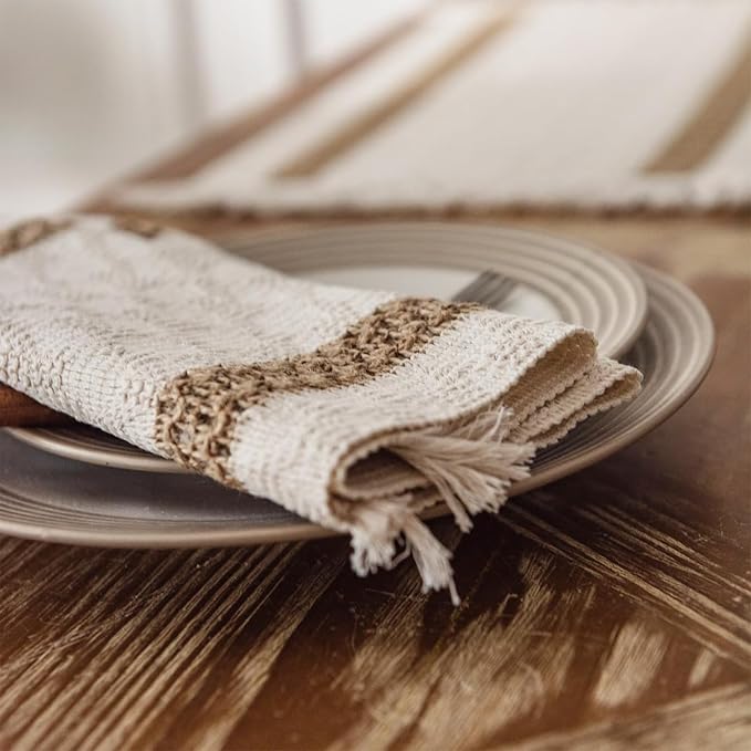 Niviy Boho Placemats Set of 8, 12x18 Inch Natural Cotton Burlap and Kitchen Woven Placemats with Tassels for Dining Table Centerpiece Thanksgiving Home Decorations