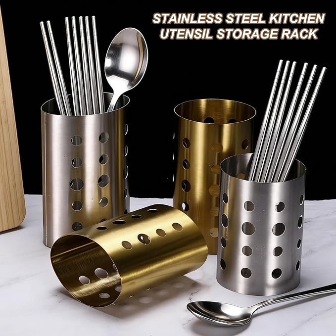 uxcell Kitchen Utensil Holder, 4.6x5.5 Stainless Steel Utensil Cutlery Holder Oval Flatware Organizer with Drain Hole for Kitchen Restaurant Countertop Straw, Spoon, Chopstick, Silver