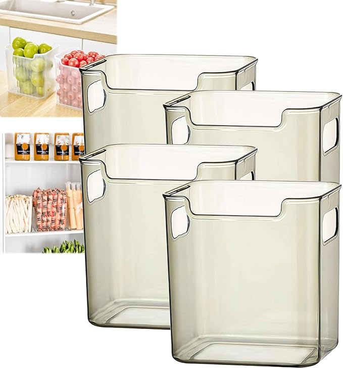 Crystal ClearFreezer Storage Bins,4 Pack Cleard Plastic Bins for Refrigerator and Pantry,Clear Plastic OrganizerBins with Handles,Stackable Kitchen Cabinet Organizer for Frozen Food,Meat & Veggies