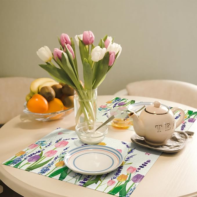 Niviy Floral Spring Placemats Set of 6, Easter Placemats Tulip Butterfly Table Mats Spring Table Decorations for Home Party 12x18 Inch