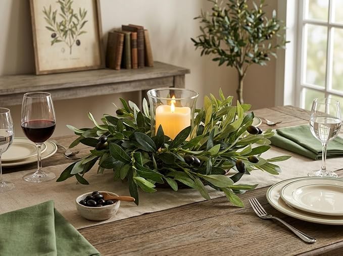 Svndlyn Artificial Olive Branch Candle Ring with Glass Hurricane, 14" Faux Greenery Wreath Centerpiece for Dining Table, Farmhouse Mantel Decor, Rustic Wedding & Year Round Arrangement