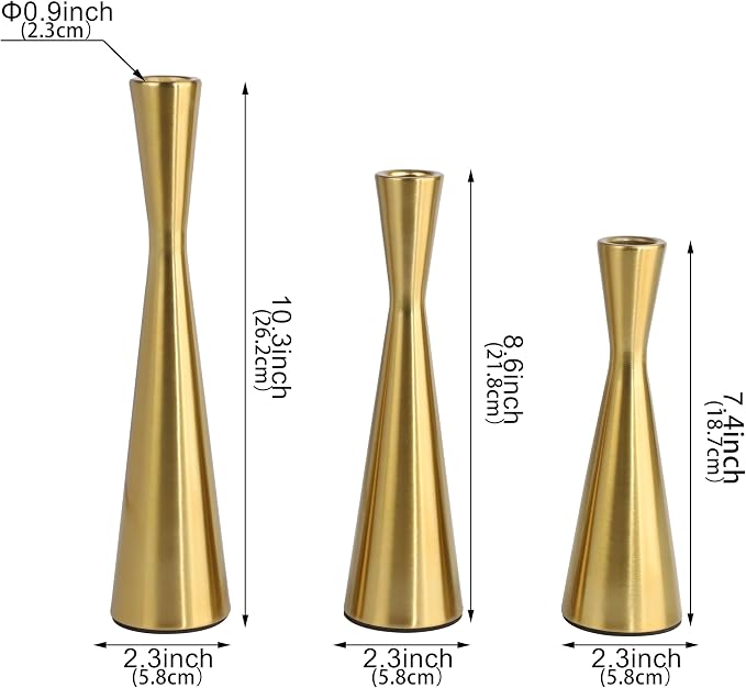 Vixdonos Brass Gold Taper Candle Holders Metal Candlestick Holders Set of 3 Table Mantel Decorative Candle Stand for Dinning,Party，Wedding,Home Decor(Brass Gold)