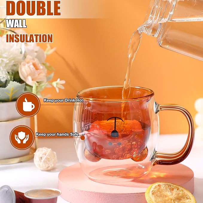 Patelai Cute Bear Tea Cup Double Wall Glass Milk Coffee Bear Mug with Handle Insulated Espresso Christmas Beer Cup Cute Birthday Gift for Women Men Valentine, 250 Ml/ 8. 4 oz(Brown,1 Piece)