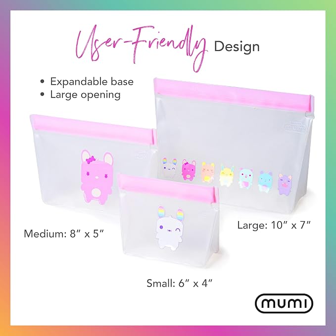 MUMI Piccolo Reusable Zip Up Bags – Set of 3 Silicone Zip lock Bags | Reusable Zip lock for Food Storage, Freezer, & Snacks | BPA-Free Airtight Silicone Storage for Travel & Meal Prep - Pink
