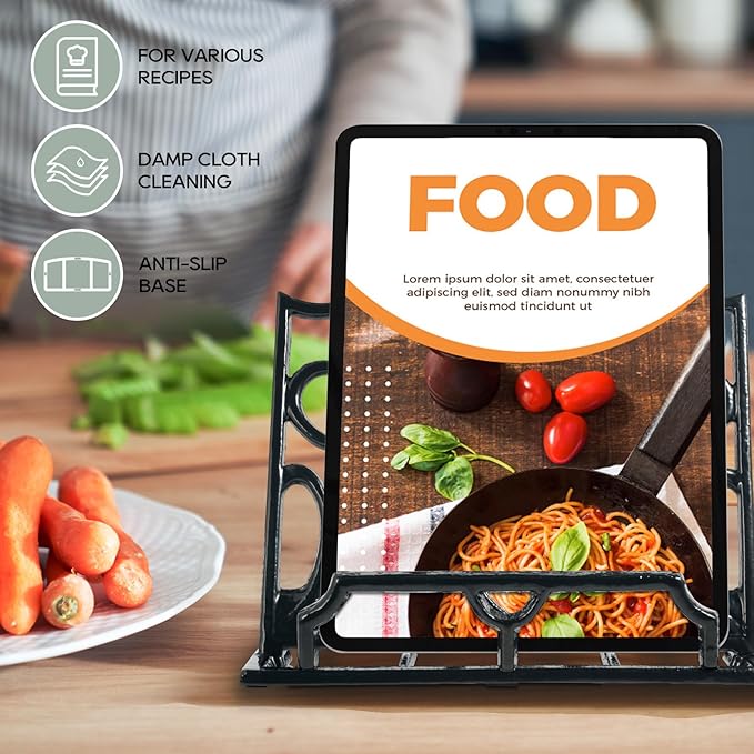 JOGREFUL Cookbook Stand, Cast Iron Heavy-Duty Recipe Book Holder, Kitchen Vintage Recipe Book Holder, Reading Rest Holder for Easel/Counter/Books/Magazine/iPad/Bible, Love Heart Pattern, Black