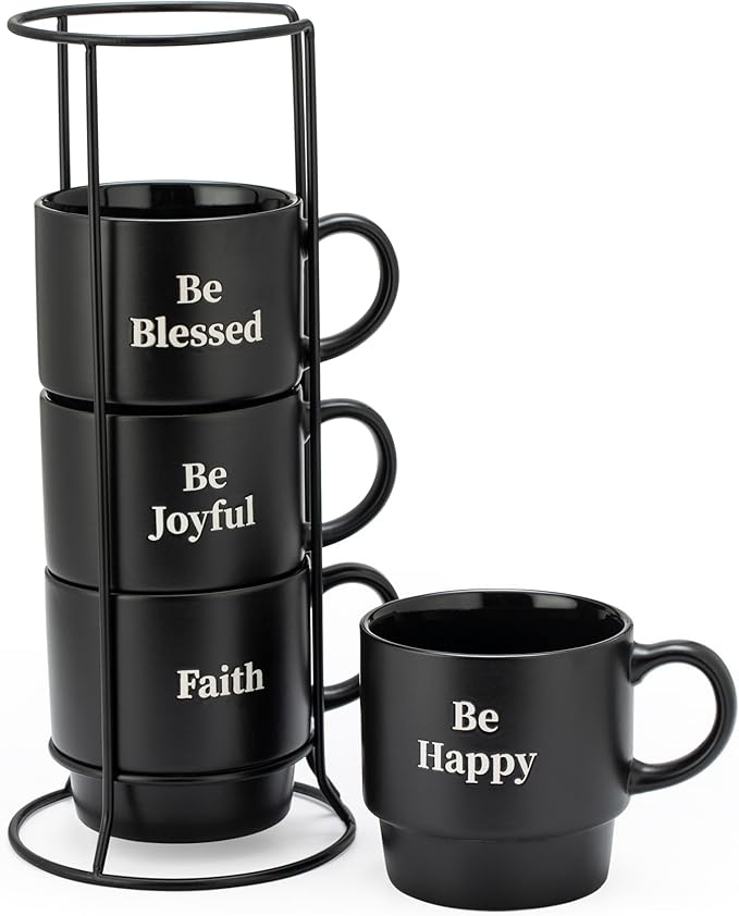Signature Housewares Stackable Coffee Mug Tower Set with Metal Wire Rack - 15 Ounce Coffee Mugs for Coffee, Tea, Cocoa, Milk, Cappuccino, Hot Chocolate Set of 4 - Be Happy Matte Black