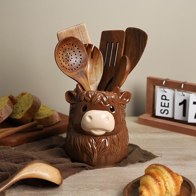 Ceramic Highland Cattle Kitchen Utensil Holder, Large Cooking Utensil Crocks for Countertop, Utensil Organizer