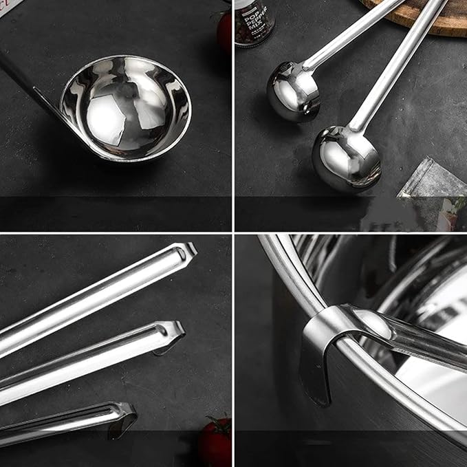 Stainless Steel Hooked Handle Ladle Set - 5 Pcs with Pouring Rim, Long Handle for Kitchen Cooking Soup Sauce (1oz, 2oz, 4oz, 6oz, 8oz)