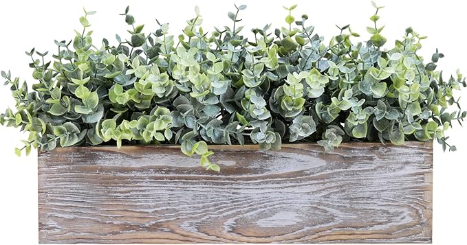 Winlyn 14" Artificial Eucalyptus in Rustic Rectangular Wooden Planter Box Faux Potted Eucalyptus Plant Greenery Arrangement for Home Wedding Dining Table Centerpiece Farmhouse Mantel Shelf Décor