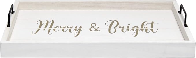 Elegant Designs HG2000-WMB Christmas Decoration 15.50" x 12", Decorative Wood Serving Tray w/Handles, White Wash Merry & Bright