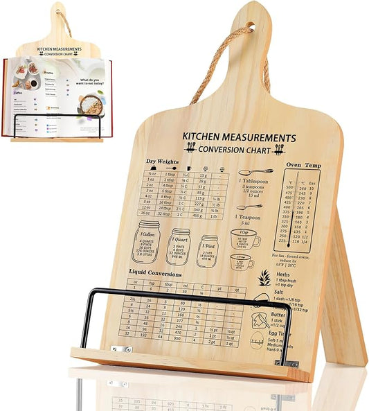 comfoyar Cookbook Stand for Kitchen Counter, Sturdy Recipe Book Holder with Adjustable Angle, Foldable Wood Cook Book Stand Holder with Measurement Conversion Chart for Cooking, Easy Storage