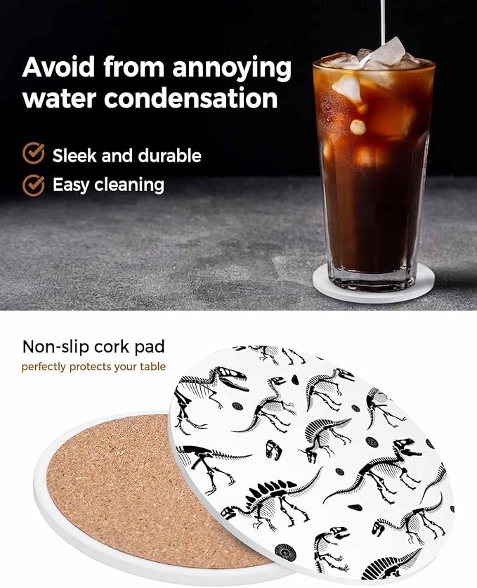 Coasters Set of 6 Dinosaur Fossils Drink Coasters with Holder Absorbent Stone Ceramic Cup Mat Black White Animal Coaster for Drinks Coffee Bar Office Kitchen Cafe Home Decor