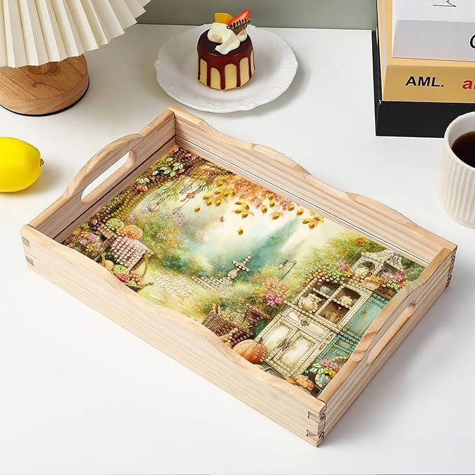 DIY Diamond Serving Tray Diamond Art Painting Creative Design Handmade Wooden Tray Dinner Plate for Coffee Breakfast Home Organizer-Autumn Garden