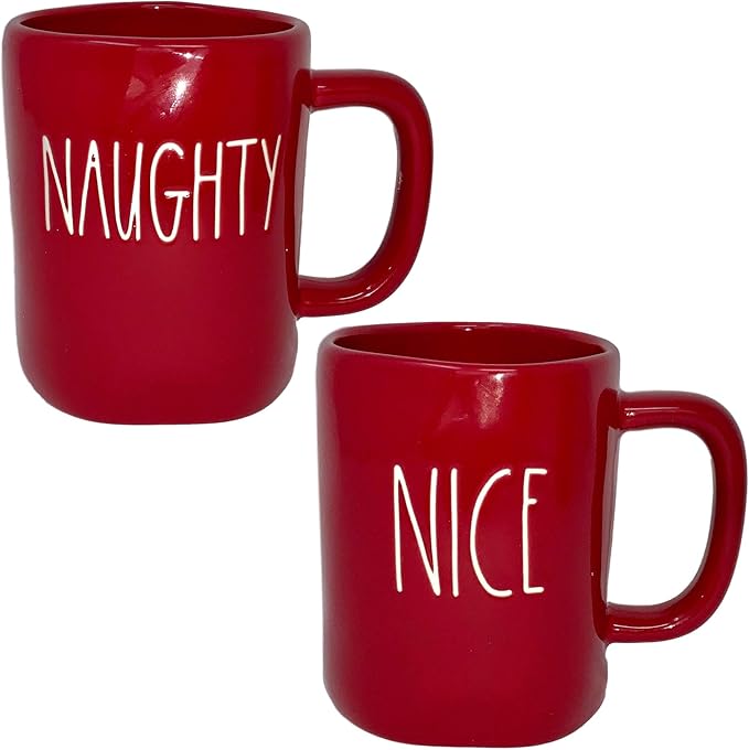 RAE DUNN RED NAUGHTY OR NICE MUG SET - Artisan Collection BY MAGENTA – 2 Pack – 1 Red Naughty Mug and 1 Red Nice Mug – Which one are you?