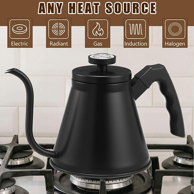 2 Pack 40 oz Gooseneck Kettle with Thermometer Stainless Steel Pour over Coffee Kettle Precision Drip Spout for Stovetop Home Kitchen Camping(Black and Silver)