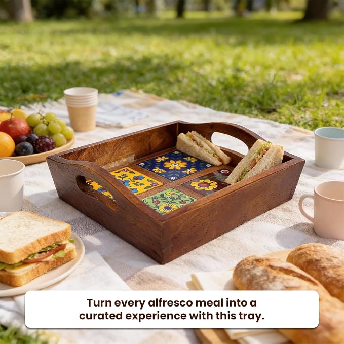 Craft Trade Square Mango Wood Serving Tray with 4 Fitted Ceramic Tiles Multipurpose Wooden Serving Platter with Handles, Decorative Tea Coffee Snack Tray for Home Kitchen Dining & Gifting - 9x9x3 Inch