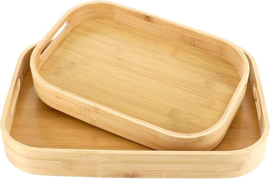 Set of 2 Bamboo Serving Trays with Handles, 2 Sizes Rectangular Solid Wooden Breakfast Trays with Arc Angles for Food, Dinner, Tea, Coffee, 15.7" L x 11" W & 13" L x 8.6" W