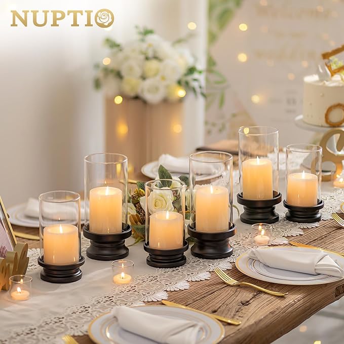 NUPTIO Hurricane Glass Candle Holder: Set of 2 Black Pillar Candle Holders with Glass Cylinder - Metal Pillars Candleholder for Halloween Thanksgiving Fireplace Living Room Decor