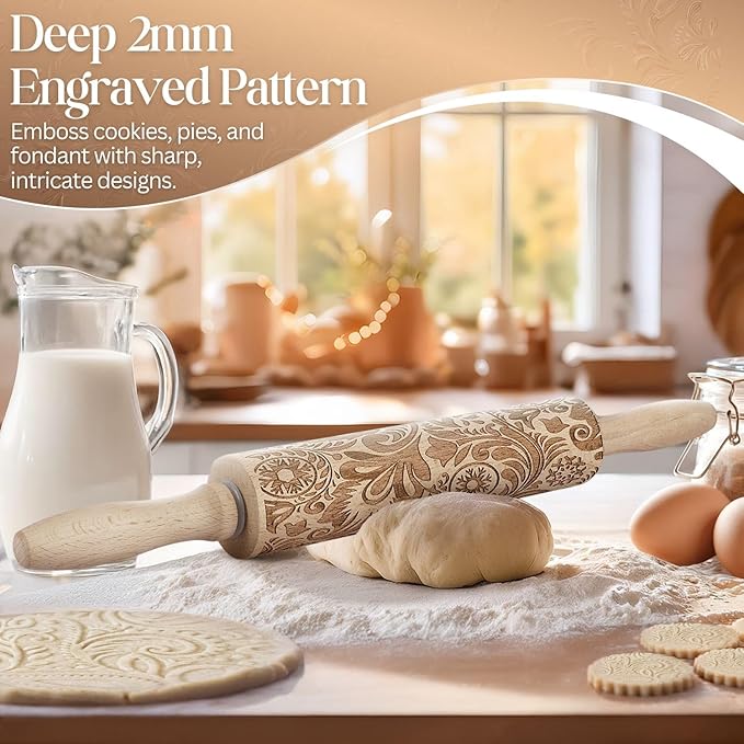 Flexzion Embossed Rolling Pins with Patterns for Baking, 7.7-inch Engraved Wooden Rolling Pin with Snowflake Flower Pattern Rolling Pin for Baking Pastry Pizza Dough Fondant Cookie Pie Crust Pasta