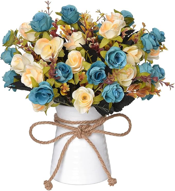 INXUGAO Artificial Flower in Vase,Ceramics Vase with Silk Flower Arrangements Table Centerpieces Wedding Bouquets for Office Meeting Room Home Décor Decoration(Blue)