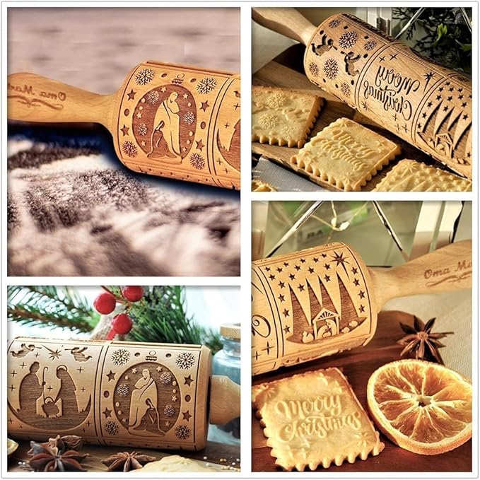 Christmas Wooden Rolling Pin for Baking Engraved Embossing Rolling Pin Cookie Stamps Roller Square Grid Cookies Mold Kitchen Decor Tools for Baking Embossed Cookies (9 Grilles Jesus)