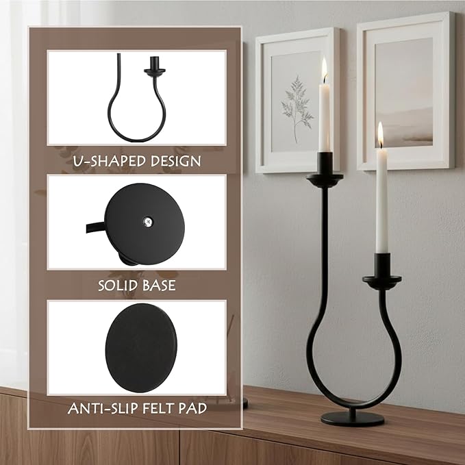 Black Metal Taper Candle Holder Candlestick Holder, Modern Tall Candelabra Decorative Centerpiece Candle Stand for Table Fireplace Mantel Wedding Housewarming Gift