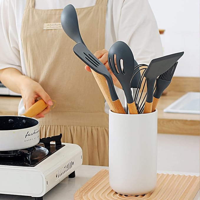 Ceramic Utensil Holder, Black Kitchen Utensil Holder for Countertop Large Utensil Crock Modern Cooking Utentsils Holder Kitchen Spatula Holder Farmhouse Kitchen Decor for Counter Organizer(Green/L)
