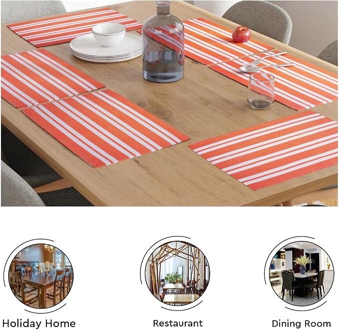 Encasa XO Dining Placemat Set of 6 | Franca Orange Stripes Color | Fine Ribbed Cotton Table mat | Size 18x13 in | Machine Washable