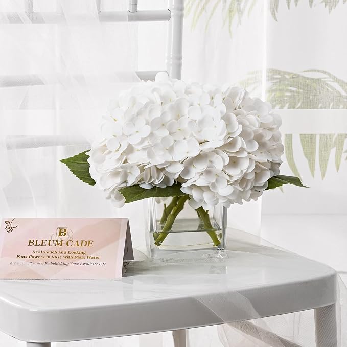 BLEUM CADE Luxury PU Fake Flowers in Vase with Faux Water, White Real Touch Hydrangea Artificial Flowers with Glass Vase for Office Home Dining Room Centerpiece Table Decorations