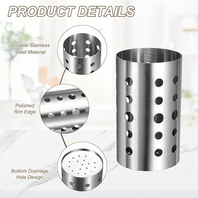 uxcell Kitchen Utensil Holder, 3.9x6.7 Stainless Steel Utensil Cutlery Holder Round Flatware Organizer with Drain Hole for Kitchen Restaurant Countertop Straw, Spoon, Chopstick, Silver