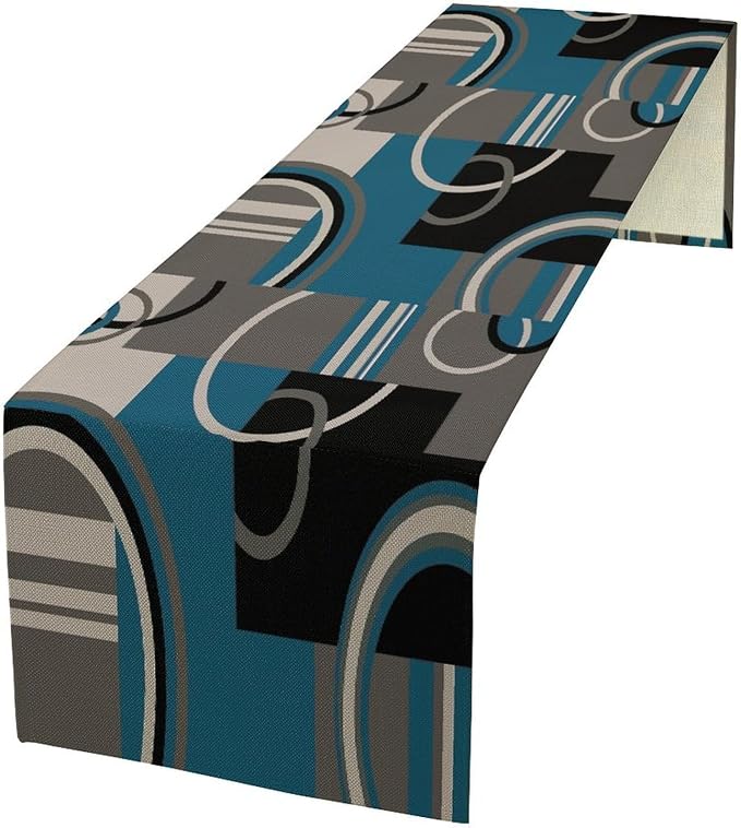 Modern Geometric Table Runner Abstract Teal Black Gray White Minimalist Contemporary Geometry Circle Swirls Dinner Runner for Kitchen Dining Holiday Party Decor 13x60in