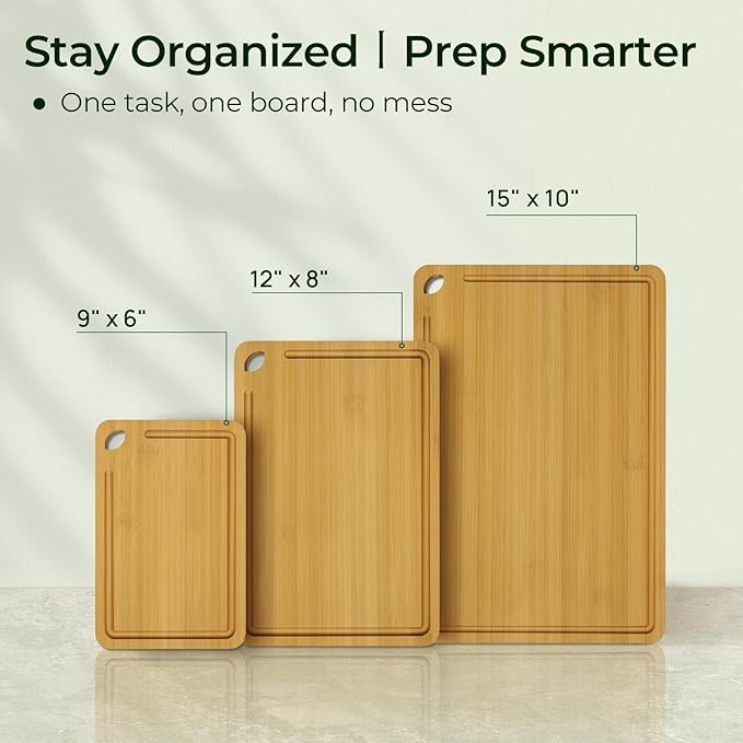 Keechee Wood Cutting Board for Kitchen - Reversible Bamboo Cutting Boards Gift Set of 3 with Juice Groove, Wooden Chopping Board for Meat, Fruit, Vegetables & Cheese (Pre Oiled, Natural)