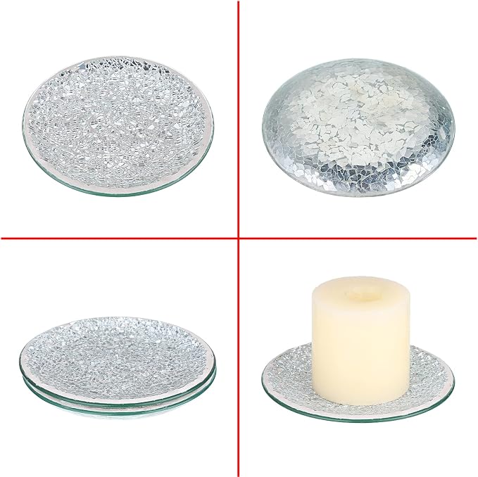 OwnMy 2PCS Mosaic Glass Pillar Candle Holder Plates and Trays, 6 Inch Glass Mosaic Candle Bases Coasters Decorative Pillar Candle Stands for Wedding Table Centerpiececs, Silver