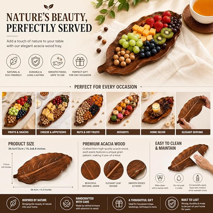 Wooden Serving Tray - Decorative Charcuterie Board with Leaf Design, Premium Acacia Wood Cheese & Fruit Platter, Kitchen Table Centerpiece & Rustic Home Decor