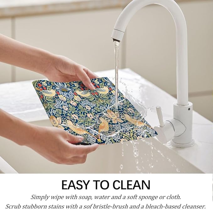 Vintage Strawberry Bird Placemats Set of 4 William Morris Floral Washable Heat Resistant Place Mats for Dining Table Boho Rustic Nature Botanical Linen Woven Wipeable Kitchen Table Mats Blue