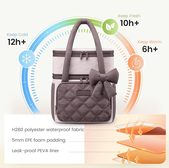 LOVEVOOK Insulated Lunch Bag Women,Expandable Double Deck Adult Lunch Box Women with Cup Holder,Bow Quilted Puffer Lunch Tote,Large Leakproof Collapsible Cooler Bag for Work College Picnic Meal Prep