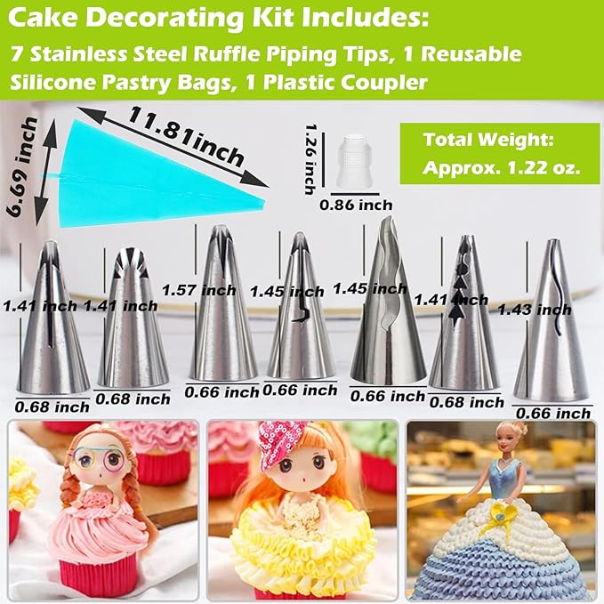 Suuker Ruffle Piping Tips Set, Seamless Stainless Steel Vintage Cake Piping Tips Pleated Skirt Piping Nozzles Set, Cake Decorating Tips for Cake Cupcakes Cookies, 9 Pieces