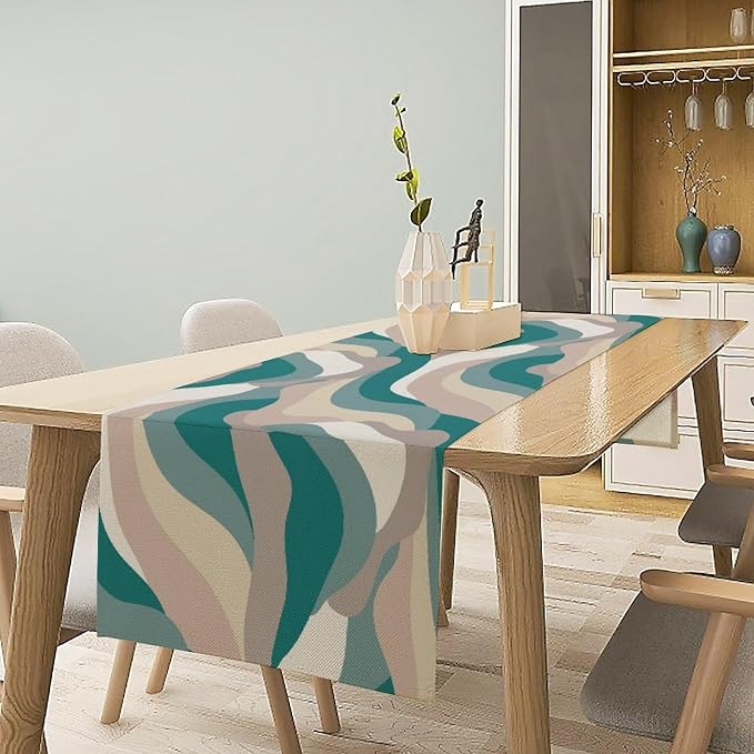 Mid Century Wavy Table Runner Abstract Wavy Swirl Cute Retro Boho Groovy Dinner Runner for Farmhouse Country Home Kitchen Dining Table Holiday Party Decor 13x60in