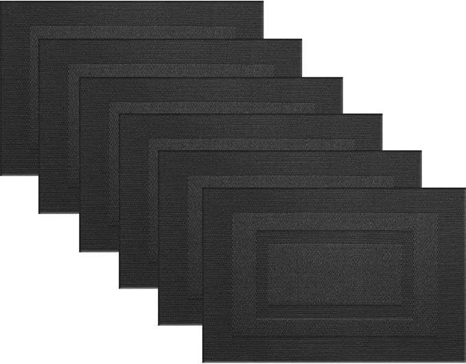 Durable Placemats Set of 6 Vinyl Heat-Resistant Table Mats Washable Plastic Placemats for Dining Table (Black)