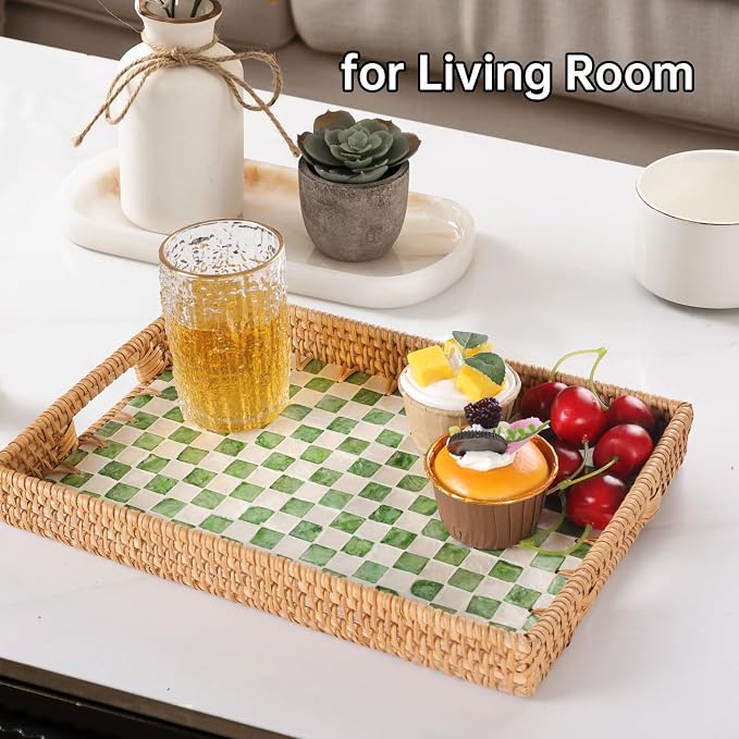 Rectangle Rattan Tray with Mother of Pearl Inlay, Rattan Serving Tray with Handle for Coffee, Bread, Fruits, Decorative Wicker Tray for Table Decor (Rectangle Green Checkerboard, 13"×9")