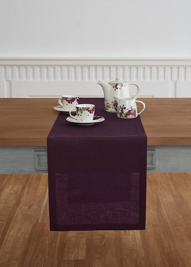 Solino Home Linen Chambray Burgundy Table Runner 144 Inches Long - Athena, 100% Pure Linen 14 x 144 Inch Table Runner