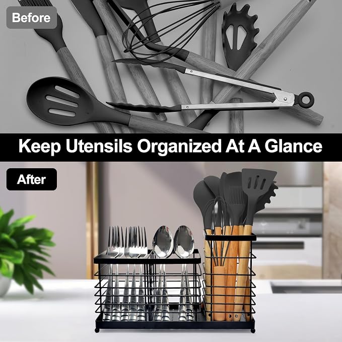 Kitchen Utensil Holder for Countertop, Thickened Stainless Steel Black Utensil Holder with Drainage Base, Large Capacity Kitchen Utensil Organizer with 1 Removable Divider (3 Compartment)