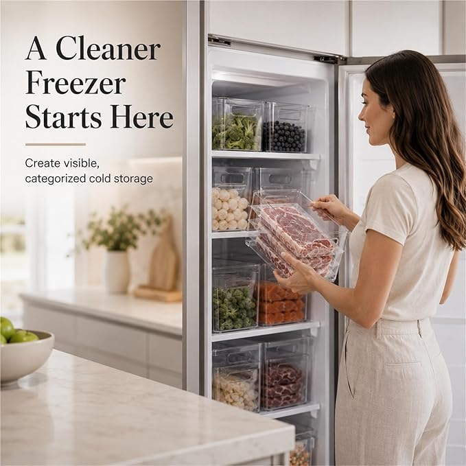 Crystal Clear Freezer Storage Bins, Stackable Kitchen Cabinet Organizer With Handles For Frozen Food, Meat & Veggies, Shelves, Kitchen, Cabinet(4SMALL)