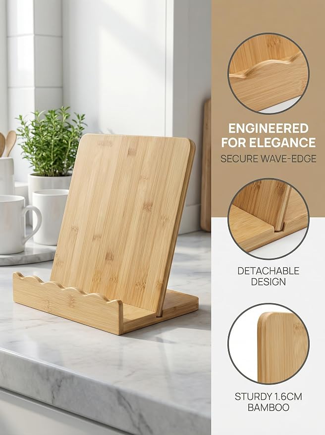 Bamboo Wood Cookbook Stand for Kitchen Counter, Detachable Serving Tray | 2-in-1 Recipe Stand & Serving Tray, Holds 11.8" Cookbooks & 3" Thick Books/Tablets, Bamboo Wood, Detachable for Easy Storage