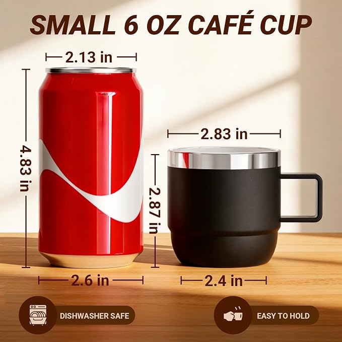 6 oz Small Espresso Mug with Handle, Ceramic-Lined 18/8 Stainless Steel, Double-Wall Vacuum Insulated, Stackable, Dishwasher Safe, for Cortado & Flat White, 2 Pack, Wine Red