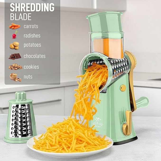 Zulay Kitchen Rotary Cheese Grater 5 Blade Cheese Shredder - Manual Hand Crank Cheese Grater With Reinforced Suction & 5 Interchangeable Drums - Easy to Use, Vegetable Chopper Round Mandoline Slicer