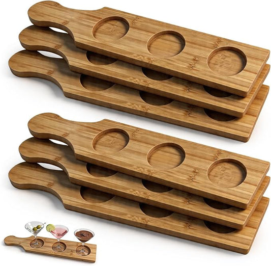 Flight Board, Bamboo Drink Flight Boards (6 Pack), 3-Hole Handheld Paddle Serving Tray for Beer, Wine, Whiskey Tasting, 15.35 × 3.15 Inch Individual Display Stand