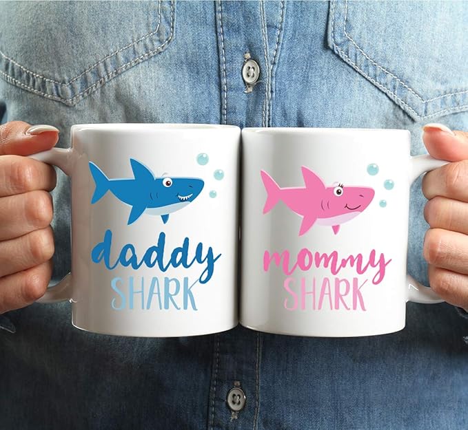 Andaz Press Baby Shark Family 11oz. Coffee Mug Gift Set, Mommy Shark, Daddy Shark, 2-Pack, Shark Do Do Do Gift Idea Birthday Christmas Gifts for Mother's Father's Day